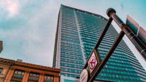 modern glass skyscraper in city downtown